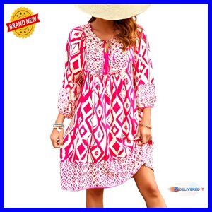 Boho Floral Print V Neck 3/4 Sleeve Loose Fit Summer Beach Dress Casual